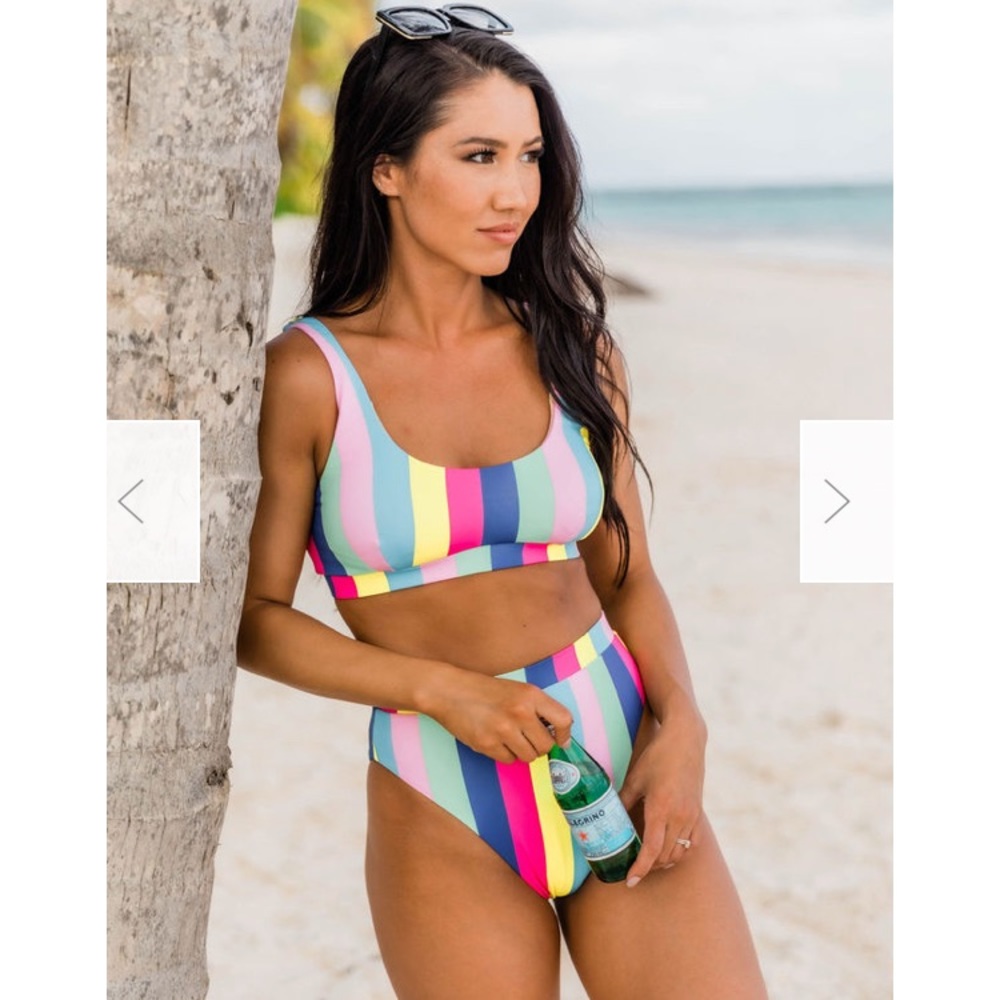 Striped High Cut High Waist Bikini Pink Lily #NWT - Picture 4 of 12
